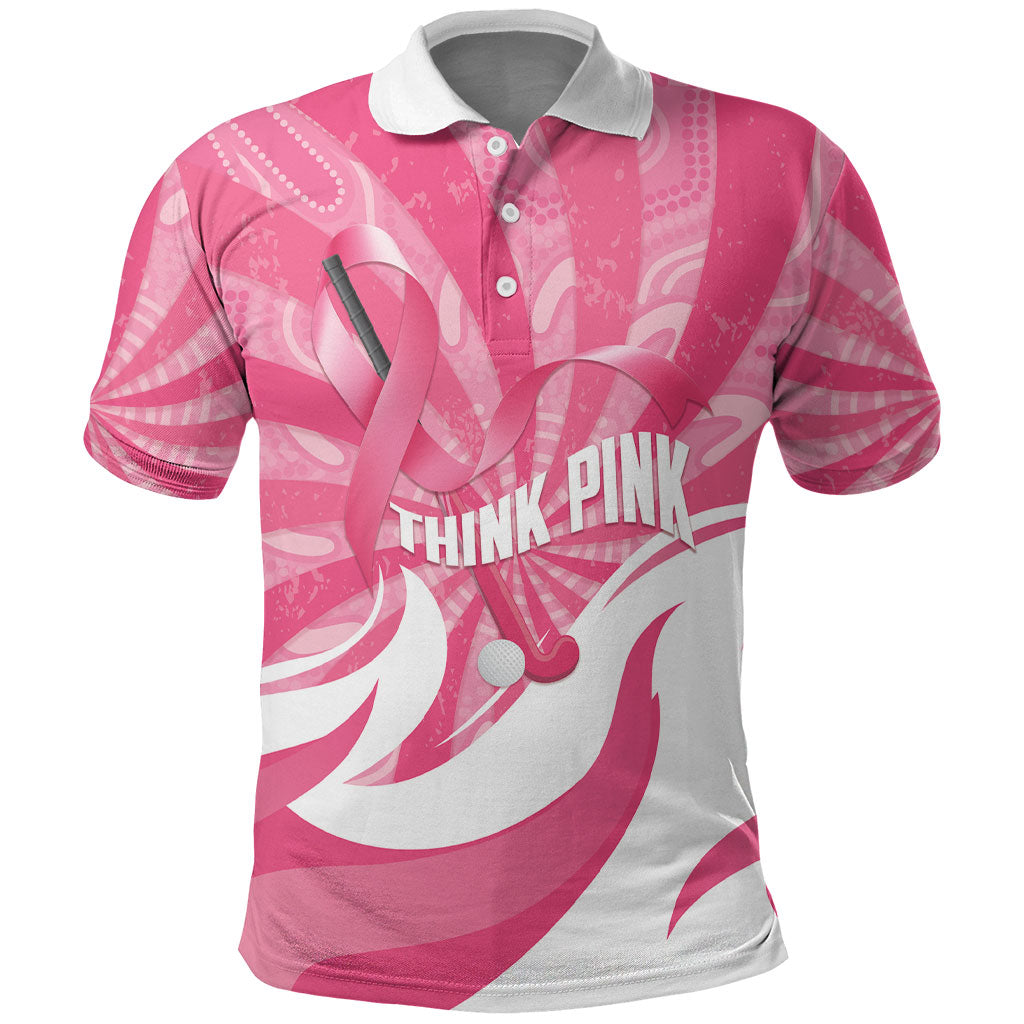 Australia Field Hockey Breast Cancer Personalised Polo Shirt Think Pink Ribbon Aboriginal Art