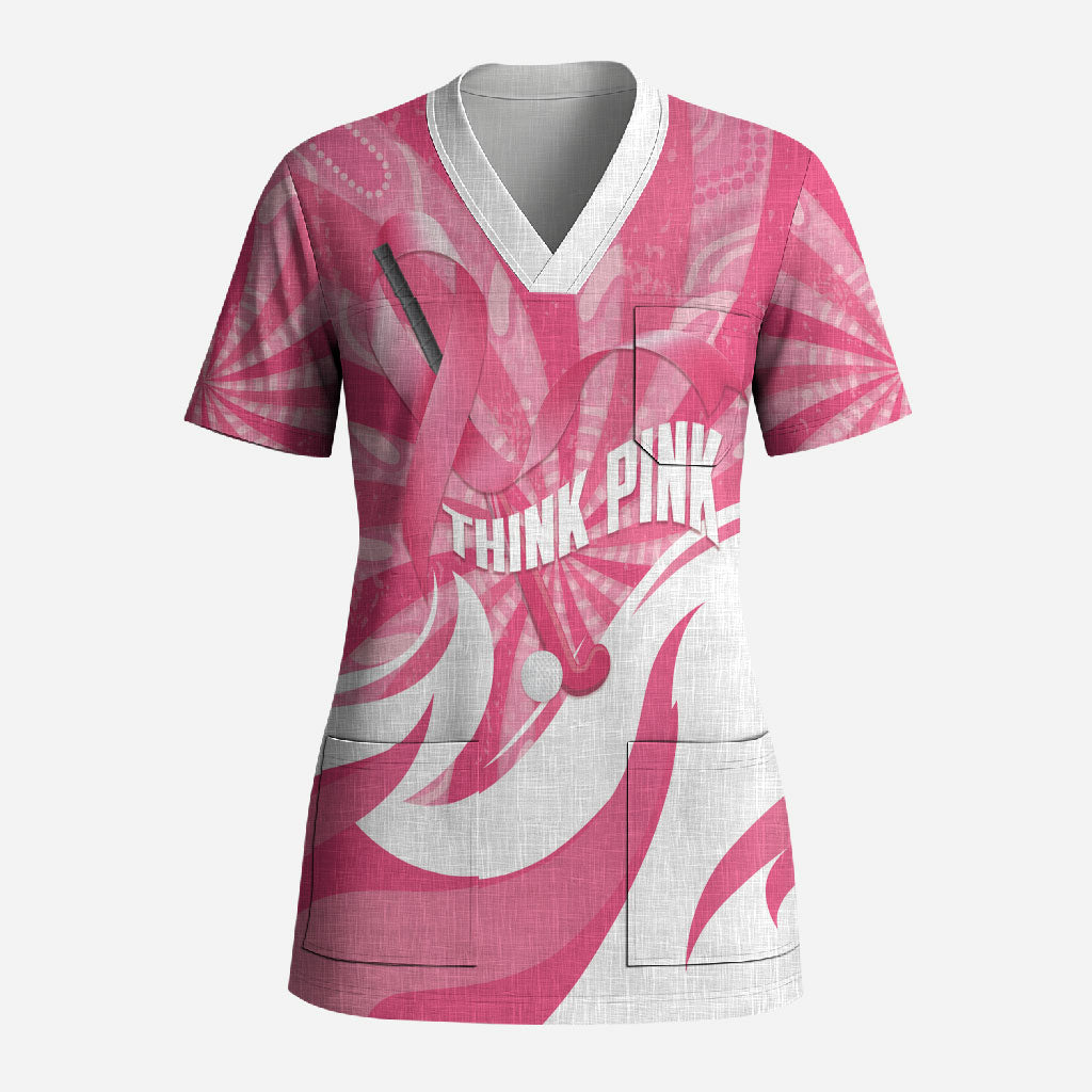 Australia Field Hockey Breast Cancer Personalised Scrub Top Think Pink Ribbon Aboriginal Art