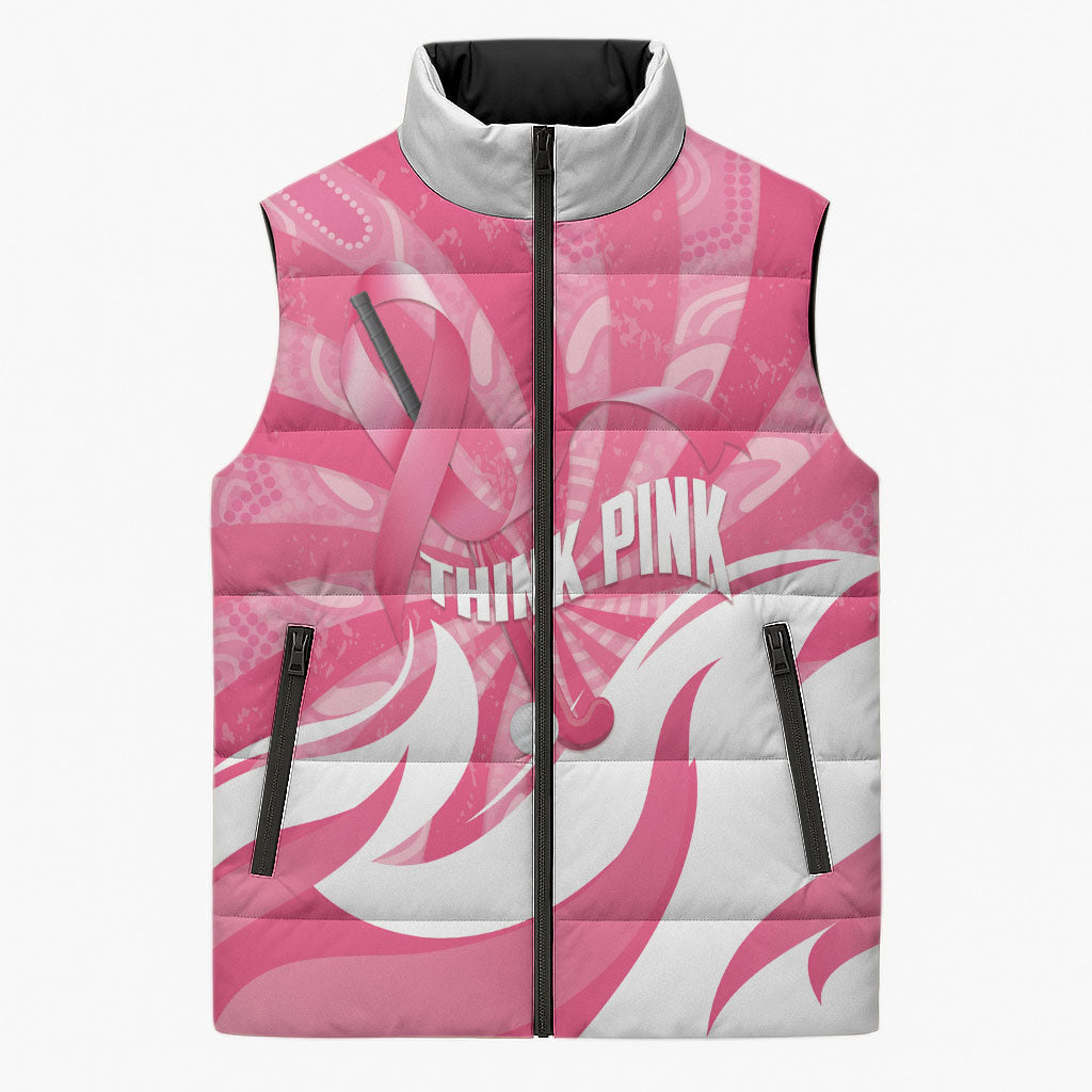 Australia Field Hockey Breast Cancer Personalised Sleeveless Puffer Jacket Think Pink Ribbon Aboriginal Art