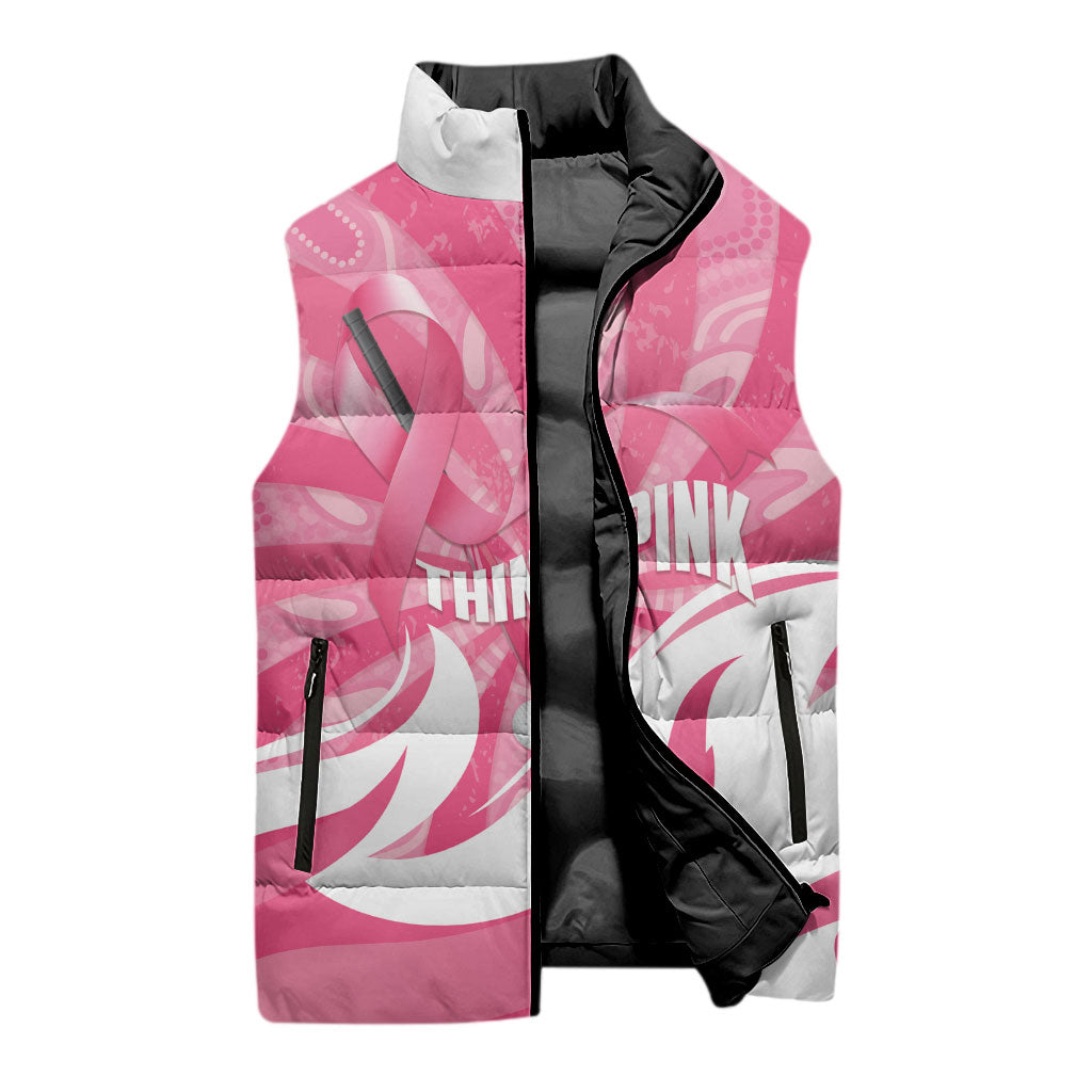 Australia Field Hockey Breast Cancer Personalised Sleeveless Puffer Jacket Think Pink Ribbon Aboriginal Art