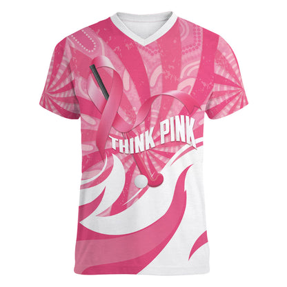 Australia Field Hockey Breast Cancer Personalised Women V-Neck T-Shirt Think Pink Ribbon Aboriginal Art