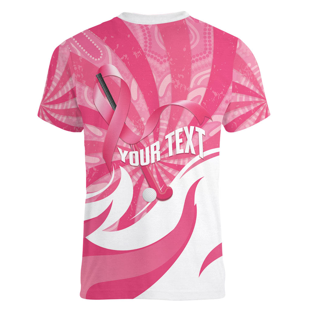 Australia Field Hockey Breast Cancer Personalised Women V-Neck T-Shirt Think Pink Ribbon Aboriginal Art
