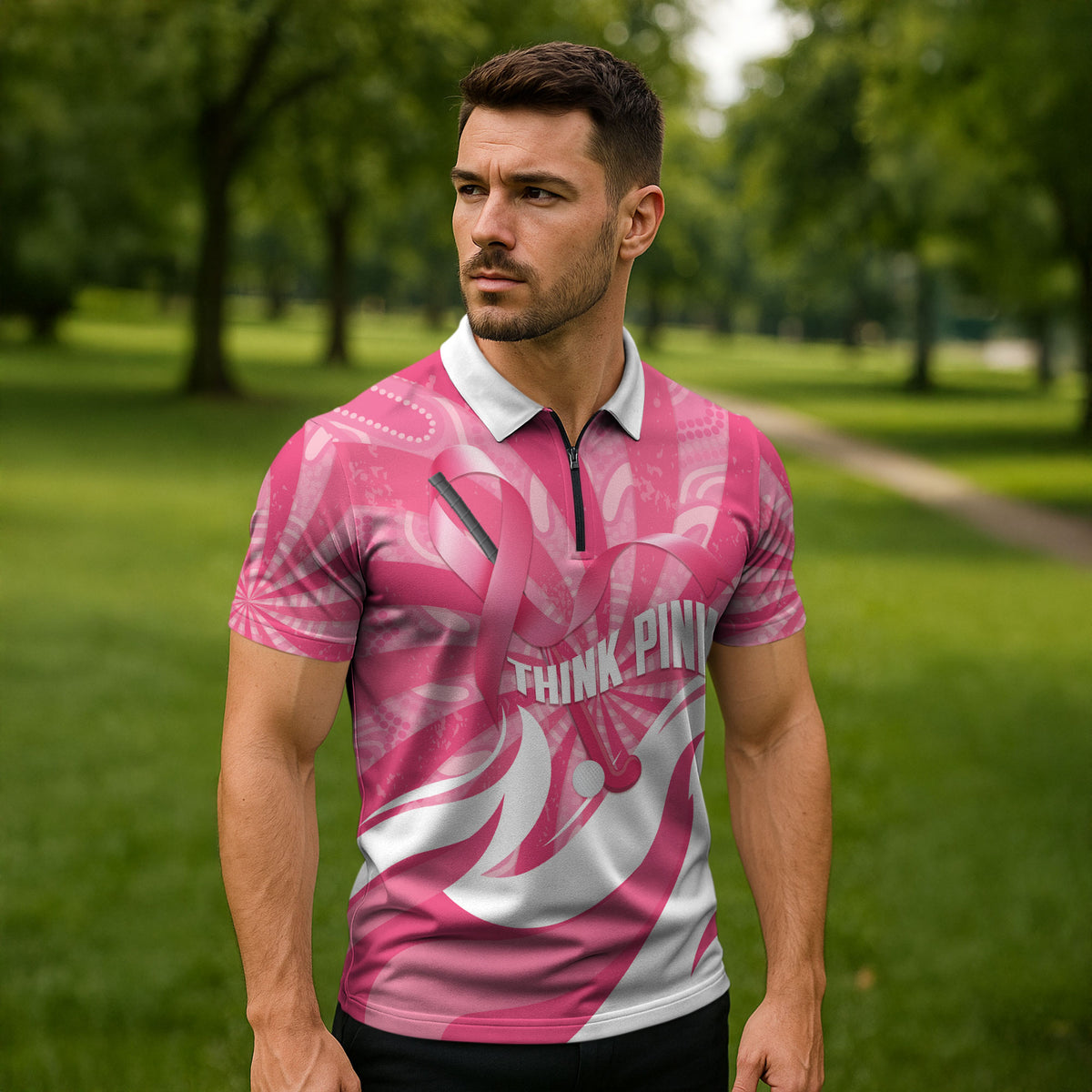 Australia Field Hockey Breast Cancer Personalised Zipper Polo Shirt Think Pink Ribbon Aboriginal Art
