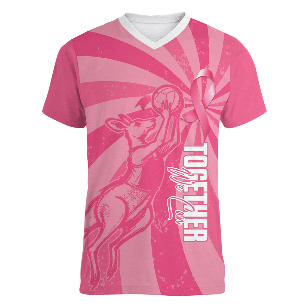Australia Netball Breast Cancer Personalised Women V-Neck T-Shirt Aussie Kangaroo Together We Can