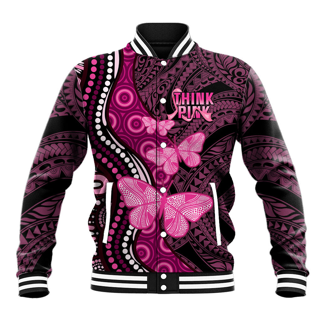Think Pink Breast Cancer Support Baseball Jacket Butterfly Aboriginal Mix Polynesian Pattern