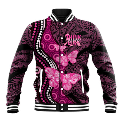 Think Pink Breast Cancer Support Baseball Jacket Butterfly Aboriginal Mix Polynesian Pattern