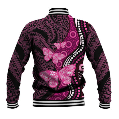 Think Pink Breast Cancer Support Baseball Jacket Butterfly Aboriginal Mix Polynesian Pattern
