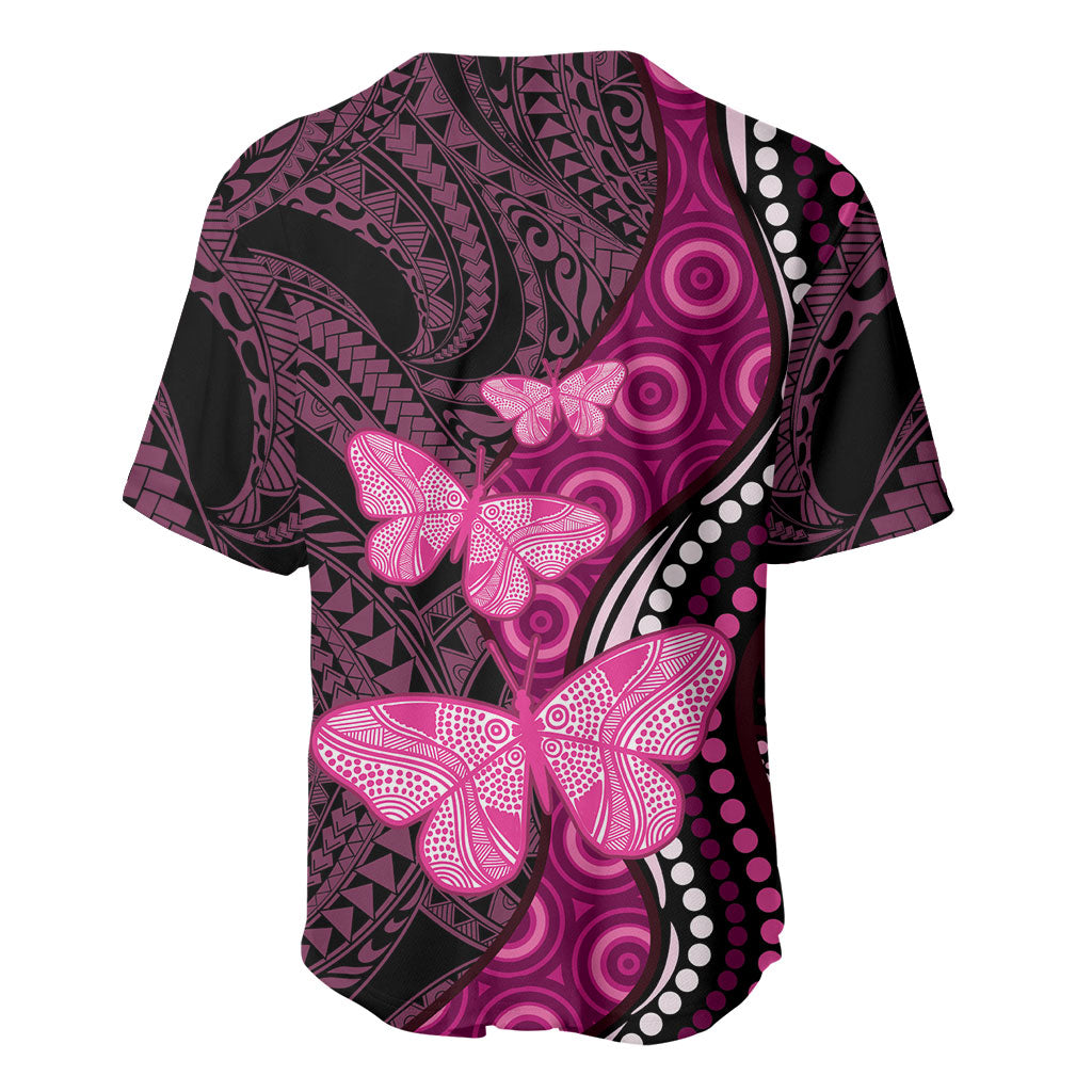 Think Pink Breast Cancer Support Baseball Jersey Butterfly Aboriginal Mix Polynesian Pattern