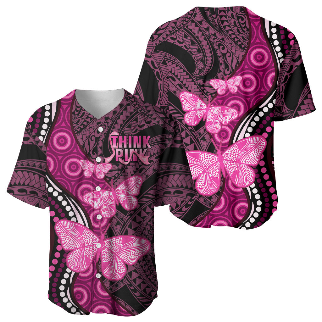 Think Pink Breast Cancer Support Baseball Jersey Butterfly Aboriginal Mix Polynesian Pattern