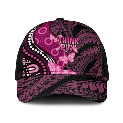 Think Pink Breast Cancer Support Baseball Net Cap Butterfly Aboriginal Mix Polynesian Pattern