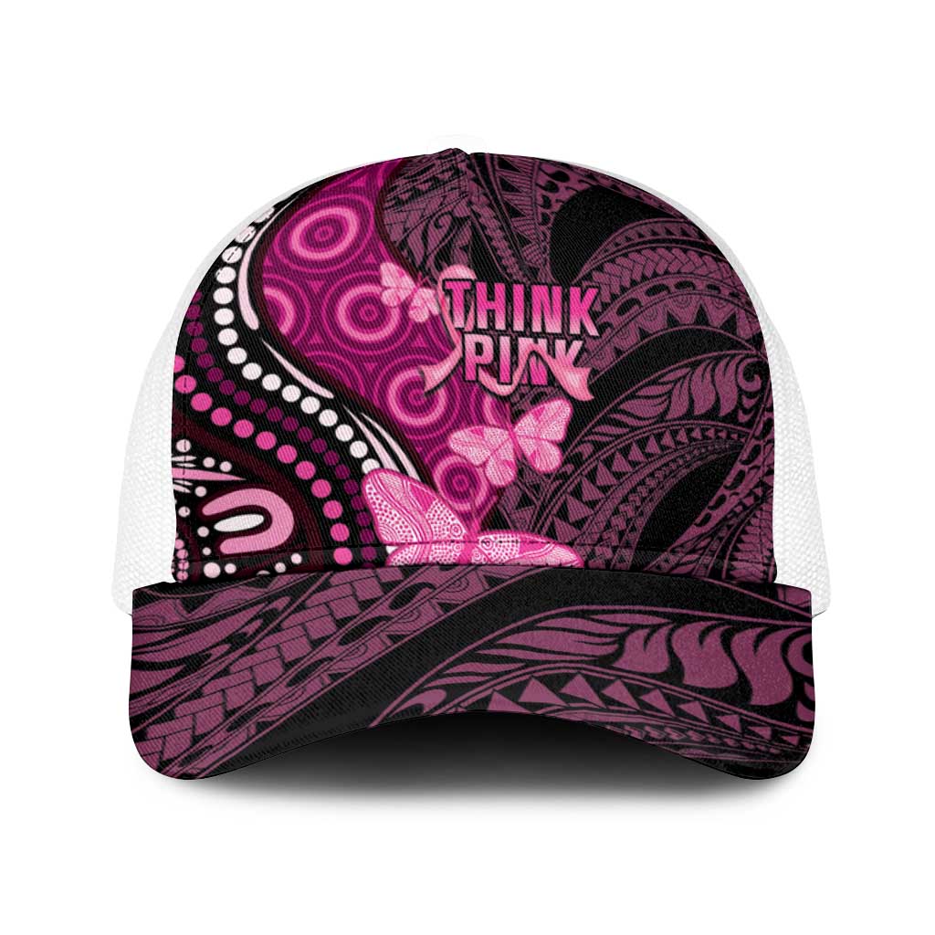 Think Pink Breast Cancer Support Baseball Net Cap Butterfly Aboriginal Mix Polynesian Pattern