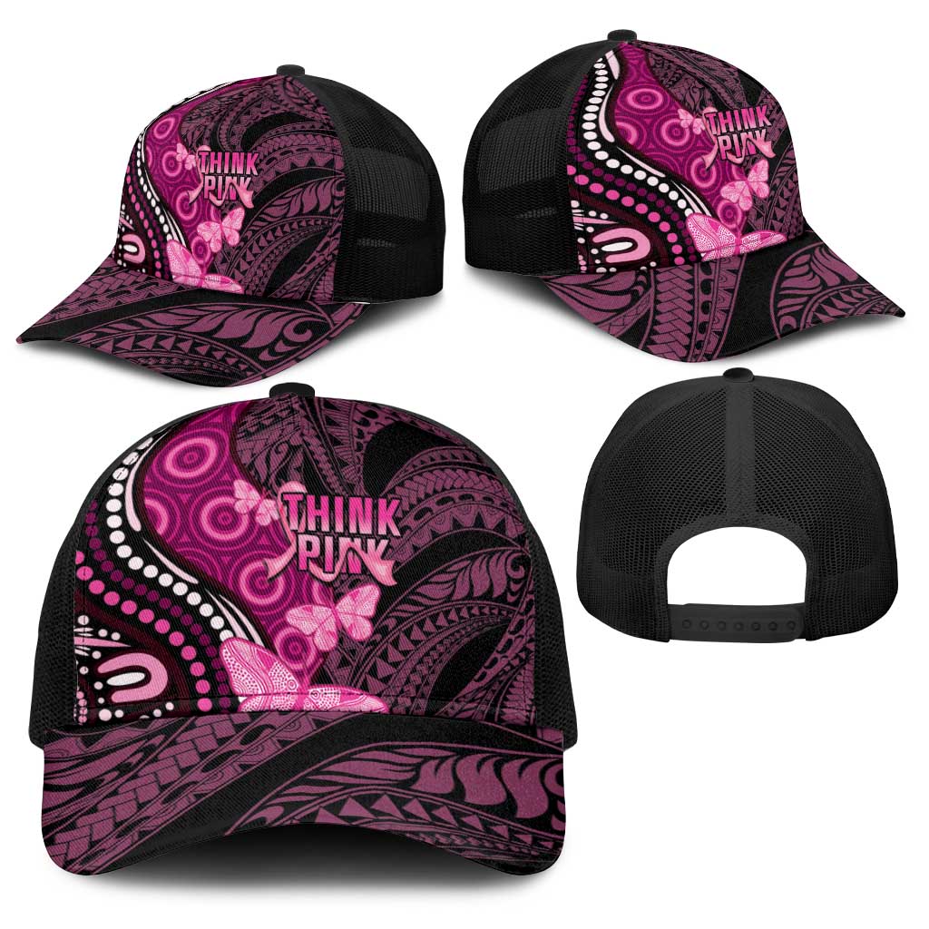 Think Pink Breast Cancer Support Baseball Net Cap Butterfly Aboriginal Mix Polynesian Pattern
