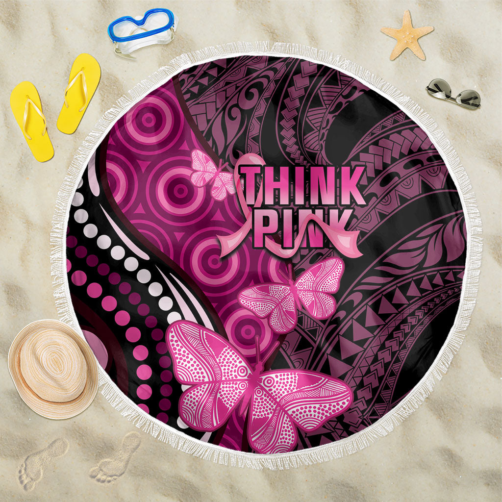 Think Pink Breast Cancer Support Beach Blanket Butterfly Aboriginal Mix Polynesian Pattern