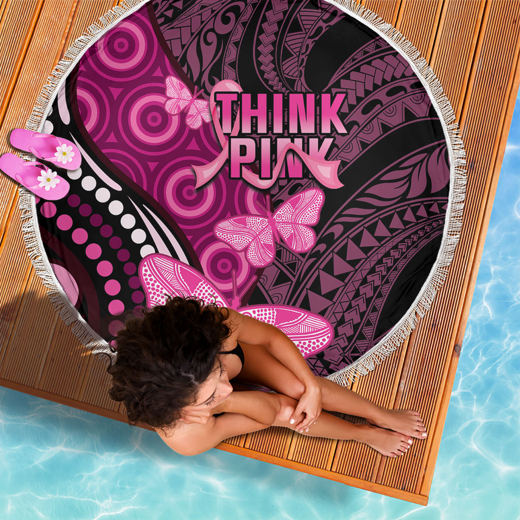 Think Pink Breast Cancer Support Beach Blanket Butterfly Aboriginal Mix Polynesian Pattern