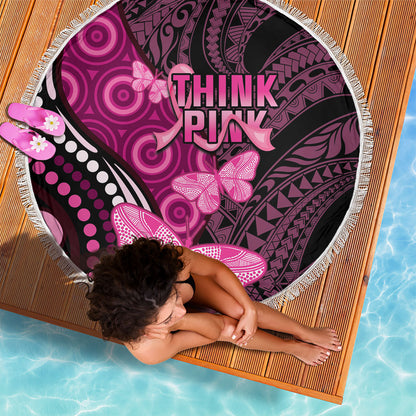 Think Pink Breast Cancer Support Beach Blanket Butterfly Aboriginal Mix Polynesian Pattern