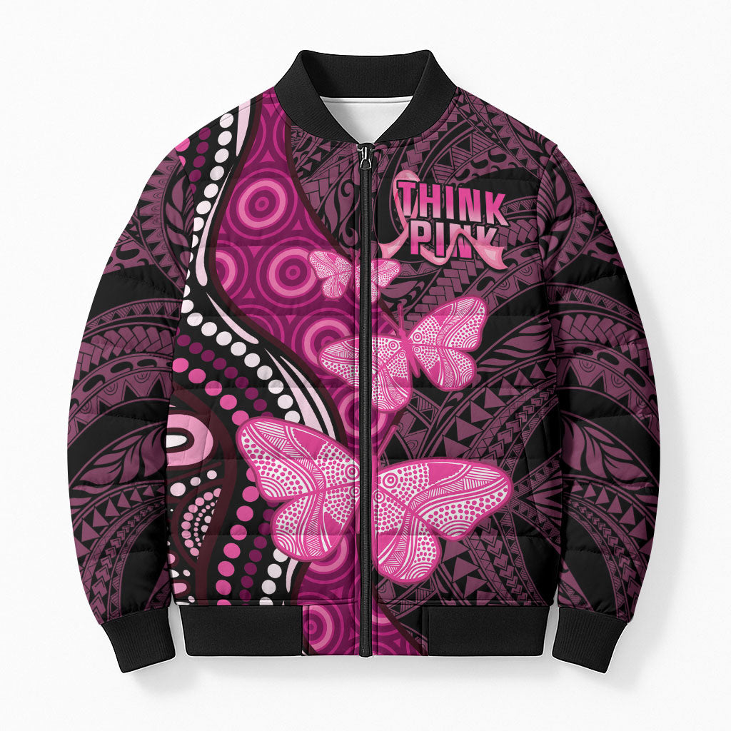 Think Pink Breast Cancer Support Bomber Puffer Jacket Butterfly Aboriginal Mix Polynesian Pattern