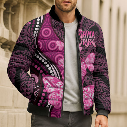 Think Pink Breast Cancer Support Bomber Puffer Jacket Butterfly Aboriginal Mix Polynesian Pattern