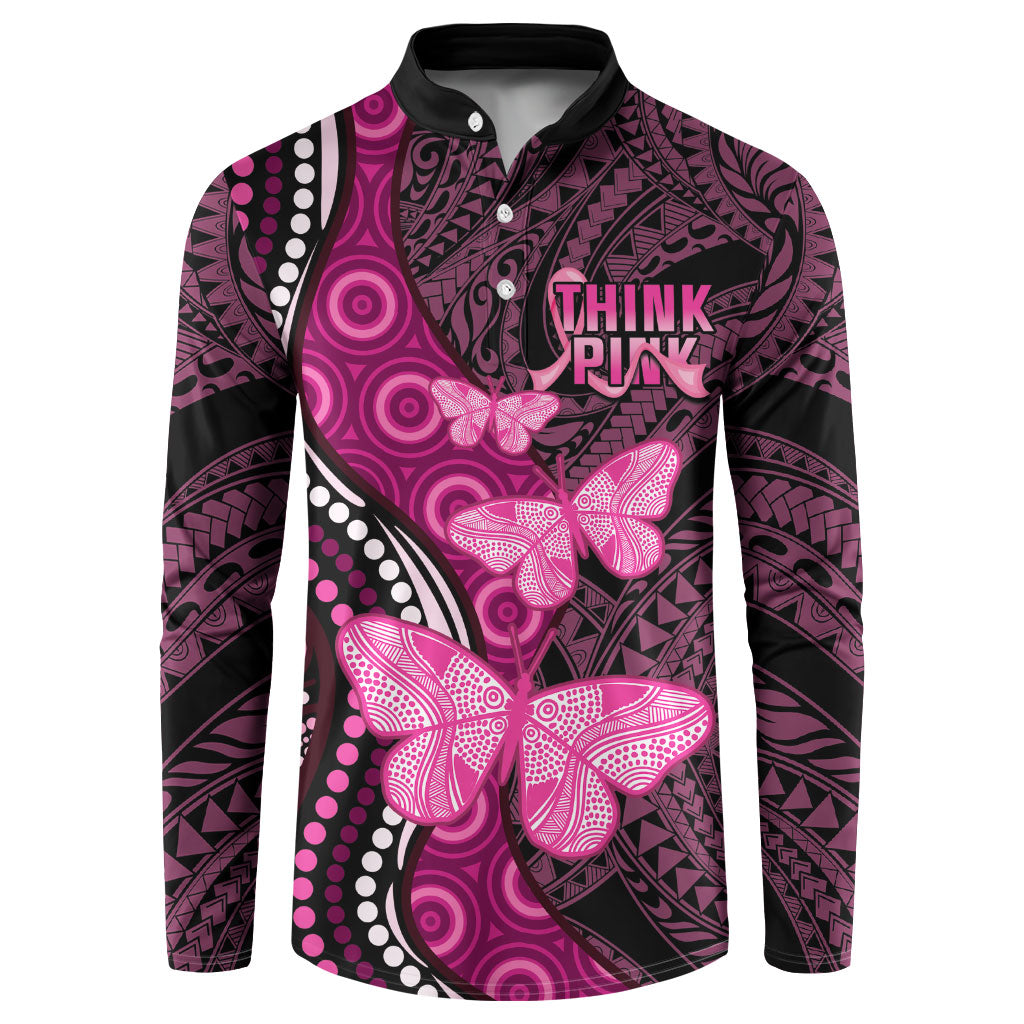 Think Pink Breast Cancer Support Button Sweatshirt Butterfly Aboriginal Mix Polynesian Pattern