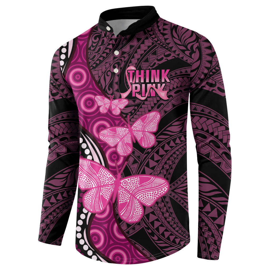 Think Pink Breast Cancer Support Button Sweatshirt Butterfly Aboriginal Mix Polynesian Pattern