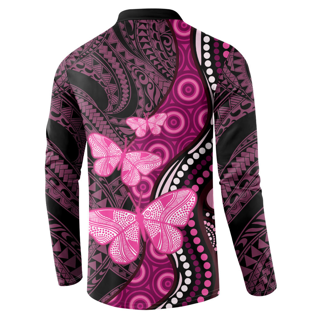 Think Pink Breast Cancer Support Button Sweatshirt Butterfly Aboriginal Mix Polynesian Pattern