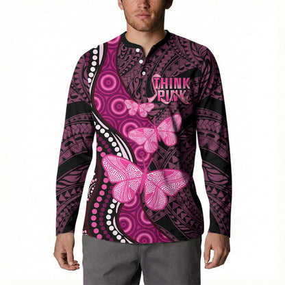 Think Pink Breast Cancer Support Button Sweatshirt Butterfly Aboriginal Mix Polynesian Pattern