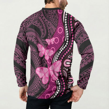 Think Pink Breast Cancer Support Button Sweatshirt Butterfly Aboriginal Mix Polynesian Pattern