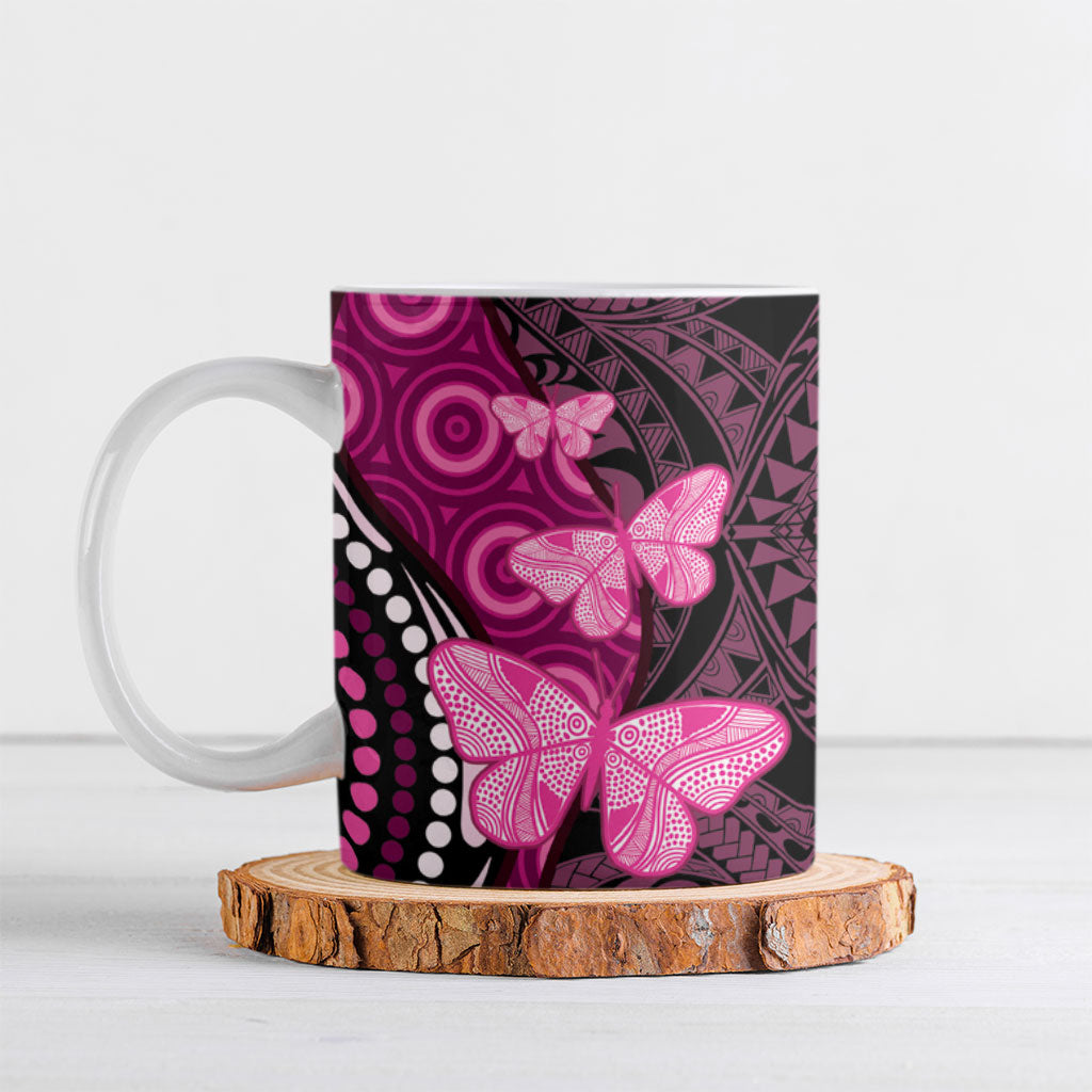 Think Pink Breast Cancer Support Ceramic Mug Butterfly Aboriginal Mix Polynesian Pattern