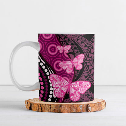 Think Pink Breast Cancer Support Ceramic Mug Butterfly Aboriginal Mix Polynesian Pattern