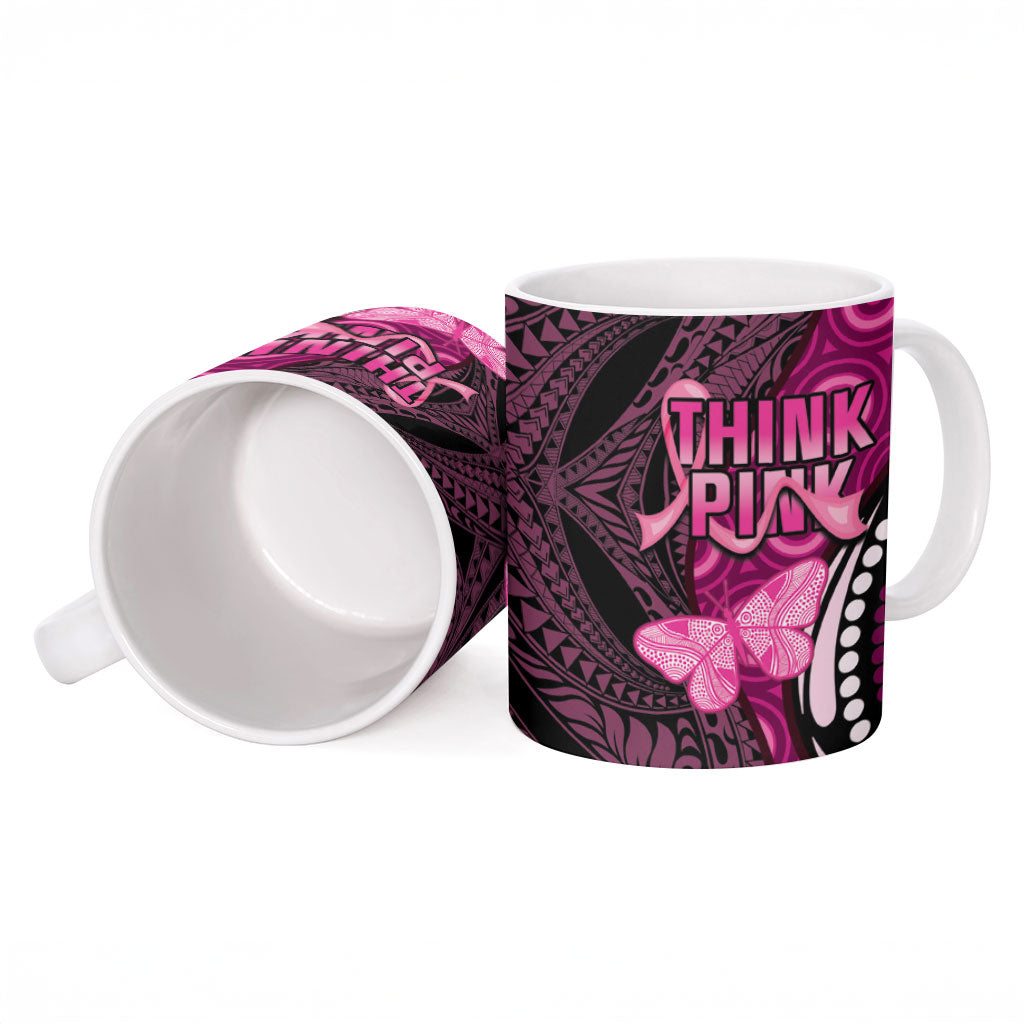Think Pink Breast Cancer Support Ceramic Mug Butterfly Aboriginal Mix Polynesian Pattern
