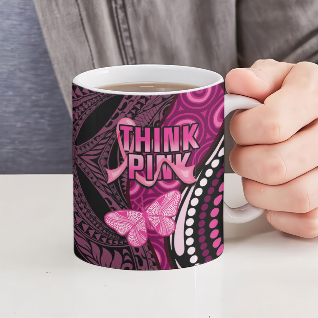 Think Pink Breast Cancer Support Ceramic Mug Butterfly Aboriginal Mix Polynesian Pattern