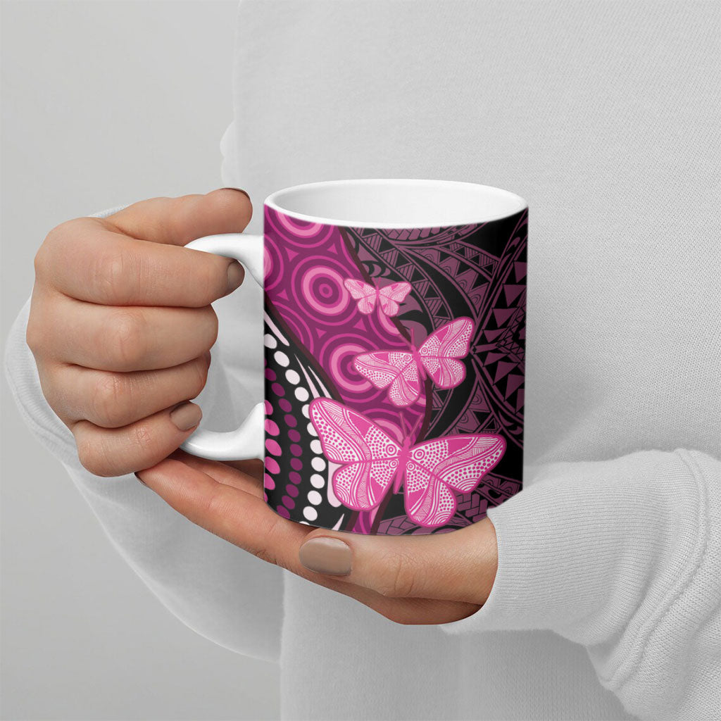 Think Pink Breast Cancer Support Ceramic Mug Butterfly Aboriginal Mix Polynesian Pattern