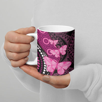 Think Pink Breast Cancer Support Ceramic Mug Butterfly Aboriginal Mix Polynesian Pattern