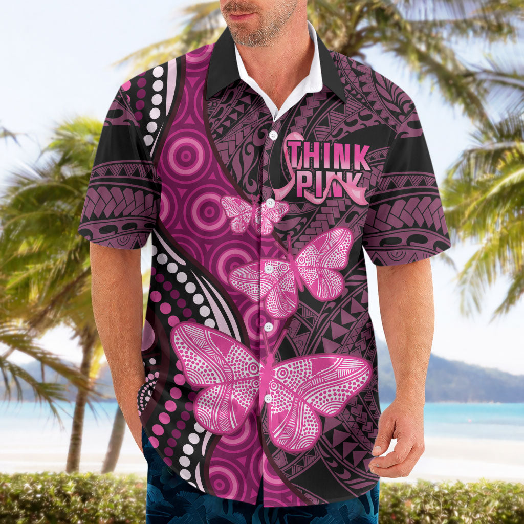 Think Pink Breast Cancer Support Hawaiian Shirt Butterfly Aboriginal Mix Polynesian Pattern