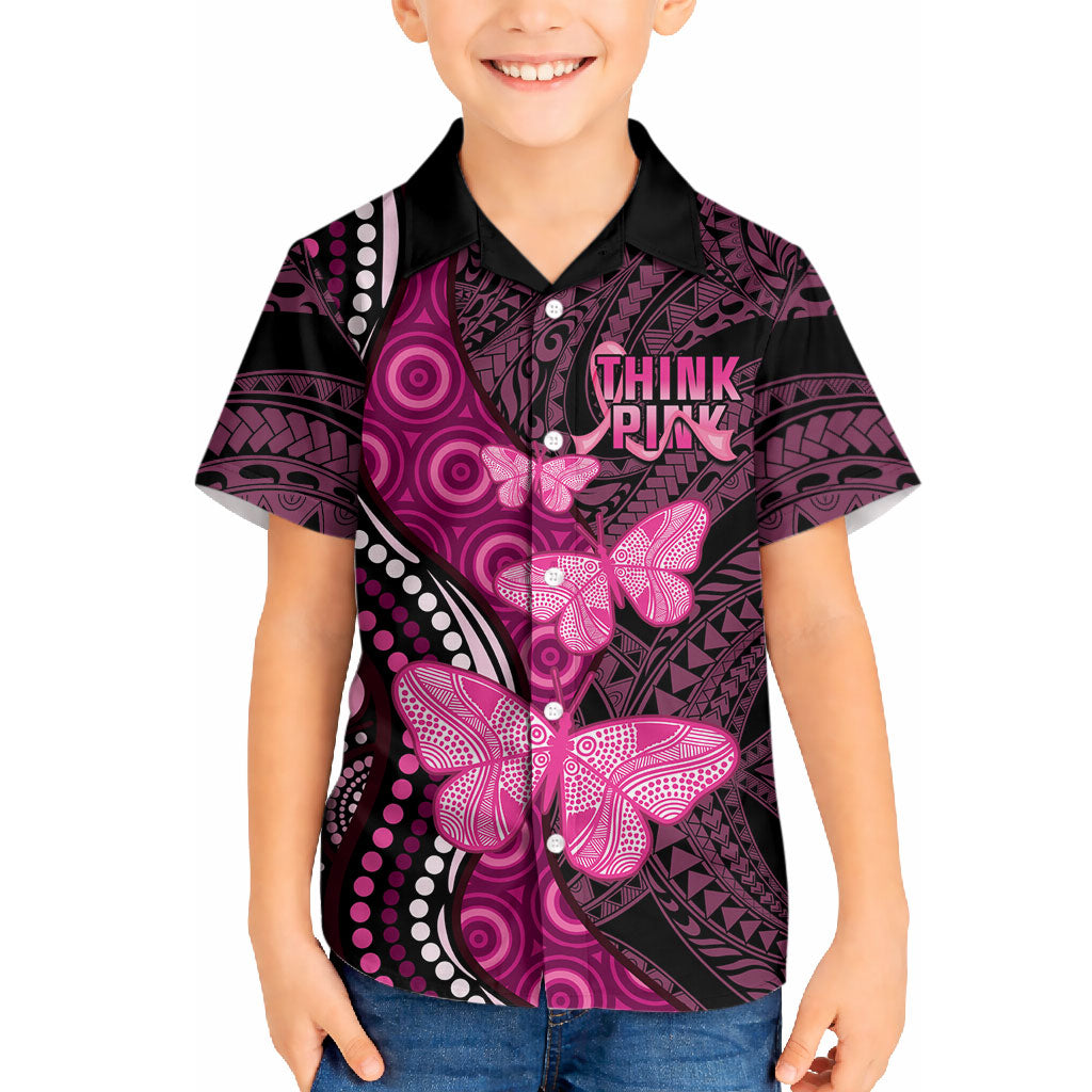 Think Pink Breast Cancer Support Hawaiian Shirt Butterfly Aboriginal Mix Polynesian Pattern