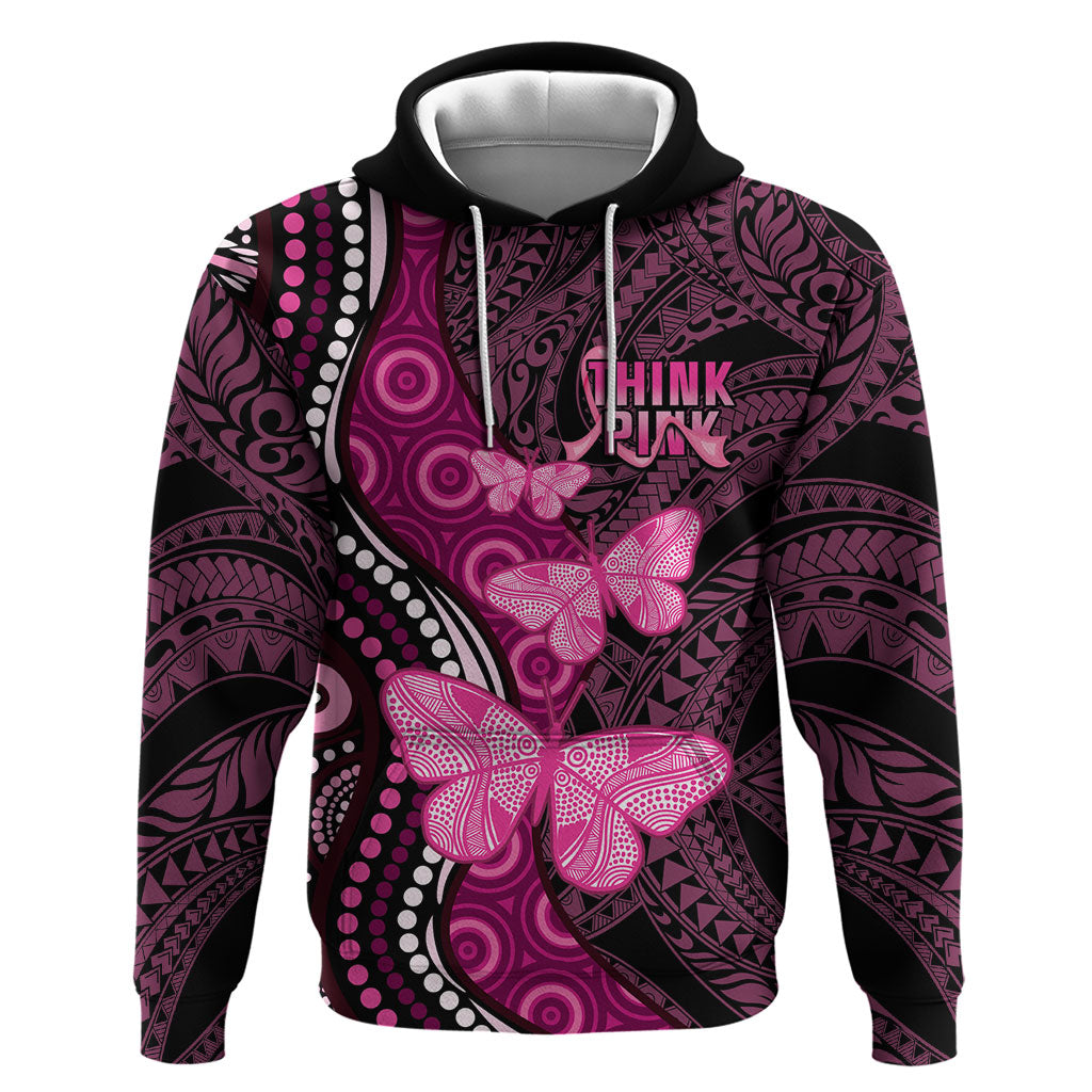Think Pink Breast Cancer Support Hoodie Butterfly Aboriginal Mix Polynesian Pattern