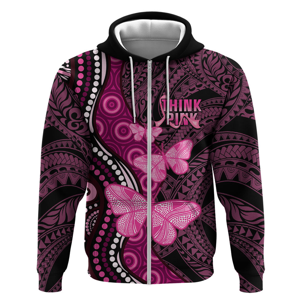 Think Pink Breast Cancer Support Hoodie Butterfly Aboriginal Mix Polynesian Pattern