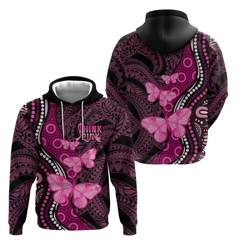 Think Pink Breast Cancer Support Hoodie Butterfly Aboriginal Mix Polynesian Pattern