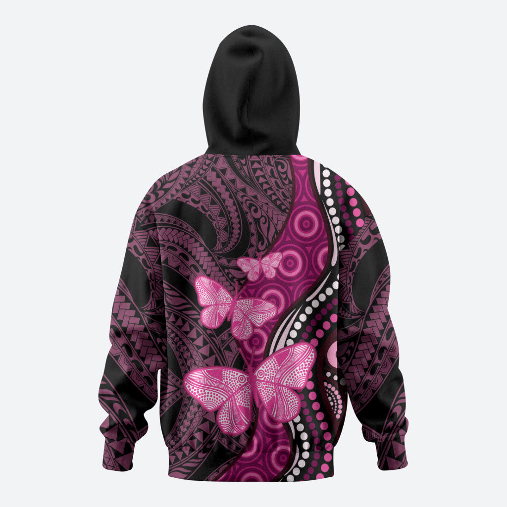 Think Pink Breast Cancer Support Hoodie Butterfly Aboriginal Mix Polynesian Pattern