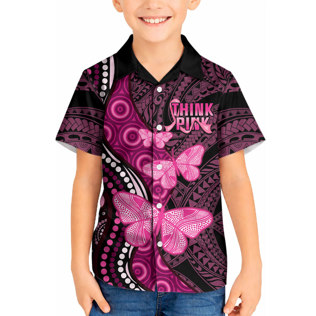 Think Pink Breast Cancer Support Kid Hawaiian Shirt Butterfly Aboriginal Mix Polynesian Pattern