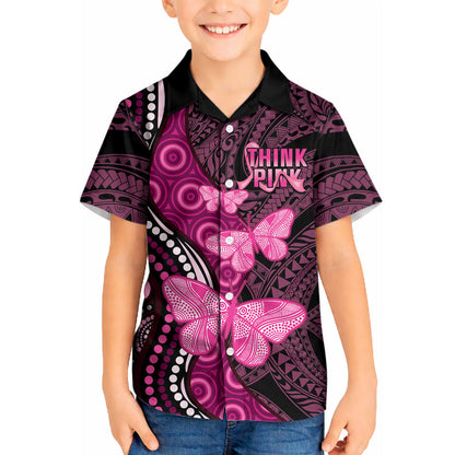 Think Pink Breast Cancer Support Kid Hawaiian Shirt Butterfly Aboriginal Mix Polynesian Pattern