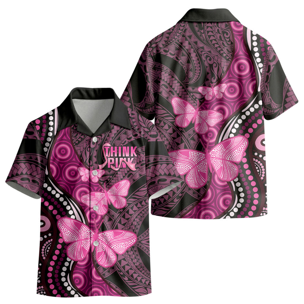 Think Pink Breast Cancer Support Kid Hawaiian Shirt Butterfly Aboriginal Mix Polynesian Pattern