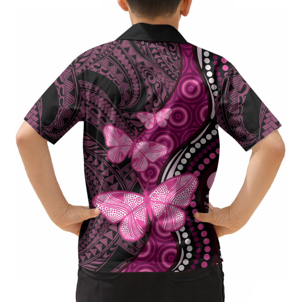 Think Pink Breast Cancer Support Kid Hawaiian Shirt Butterfly Aboriginal Mix Polynesian Pattern