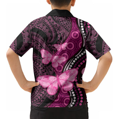 Think Pink Breast Cancer Support Kid Hawaiian Shirt Butterfly Aboriginal Mix Polynesian Pattern