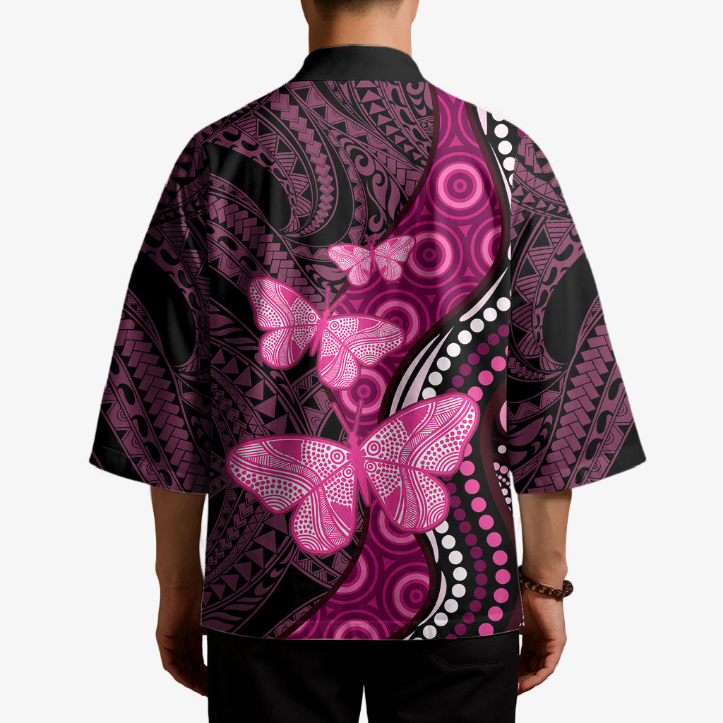Think Pink Breast Cancer Support Kimono Butterfly Aboriginal Mix Polynesian Pattern