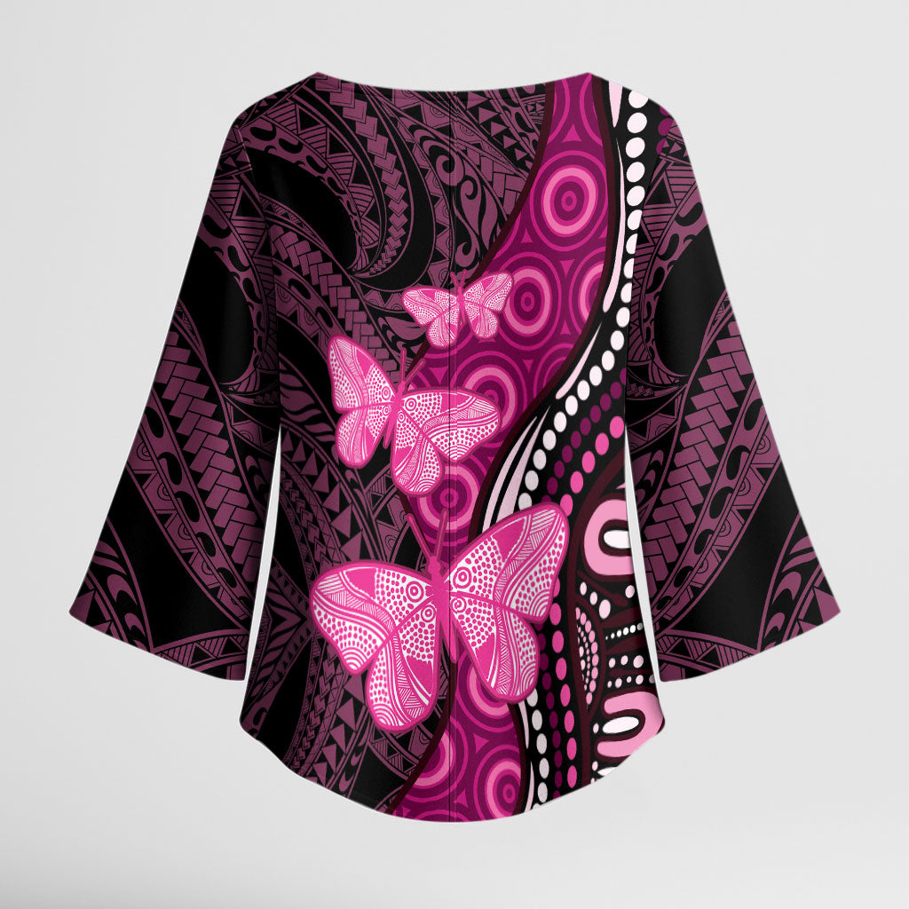 Think Pink Breast Cancer Support Kimono Sleeve Blouse Butterfly Aboriginal Mix Polynesian Pattern