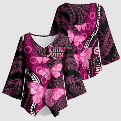 Think Pink Breast Cancer Support Kimono Sleeve Blouse Butterfly Aboriginal Mix Polynesian Pattern
