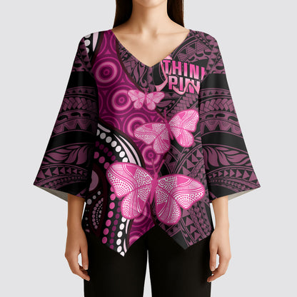 Think Pink Breast Cancer Support Kimono Sleeve Blouse Butterfly Aboriginal Mix Polynesian Pattern