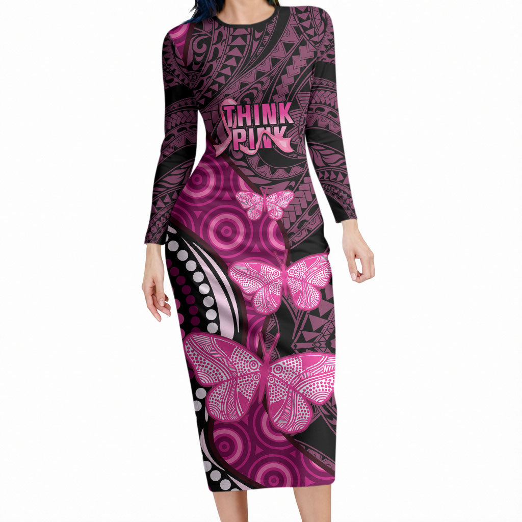 Think Pink Breast Cancer Support Long Sleeve Bodycon Dress Butterfly Aboriginal Mix Polynesian Pattern