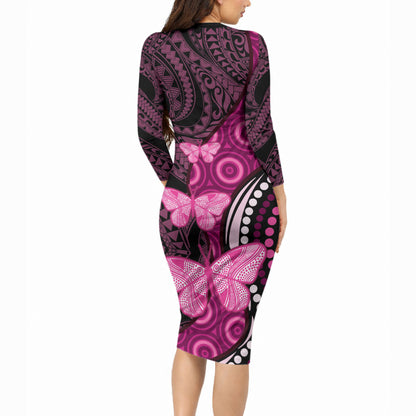 Think Pink Breast Cancer Support Long Sleeve Bodycon Dress Butterfly Aboriginal Mix Polynesian Pattern
