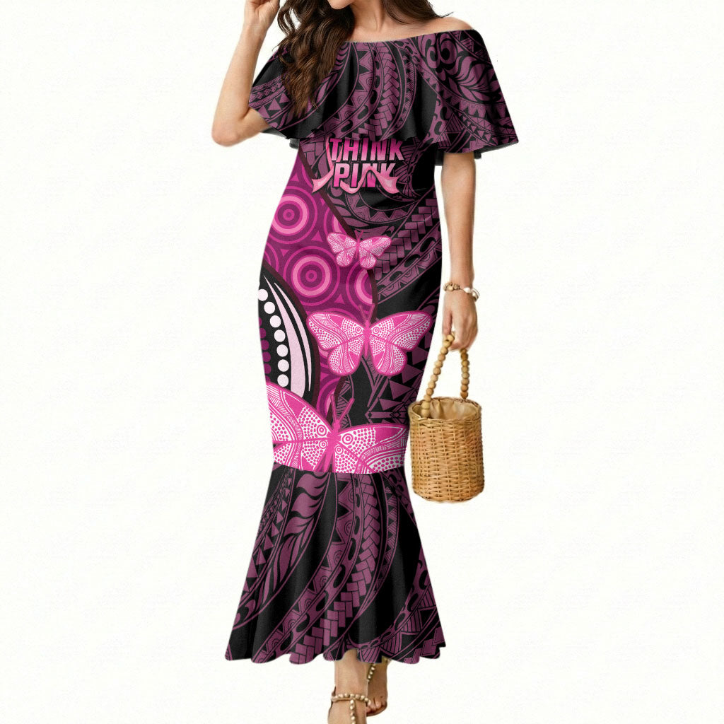 Think Pink Breast Cancer Support Mermaid Dress Butterfly Aboriginal Mix Polynesian Pattern